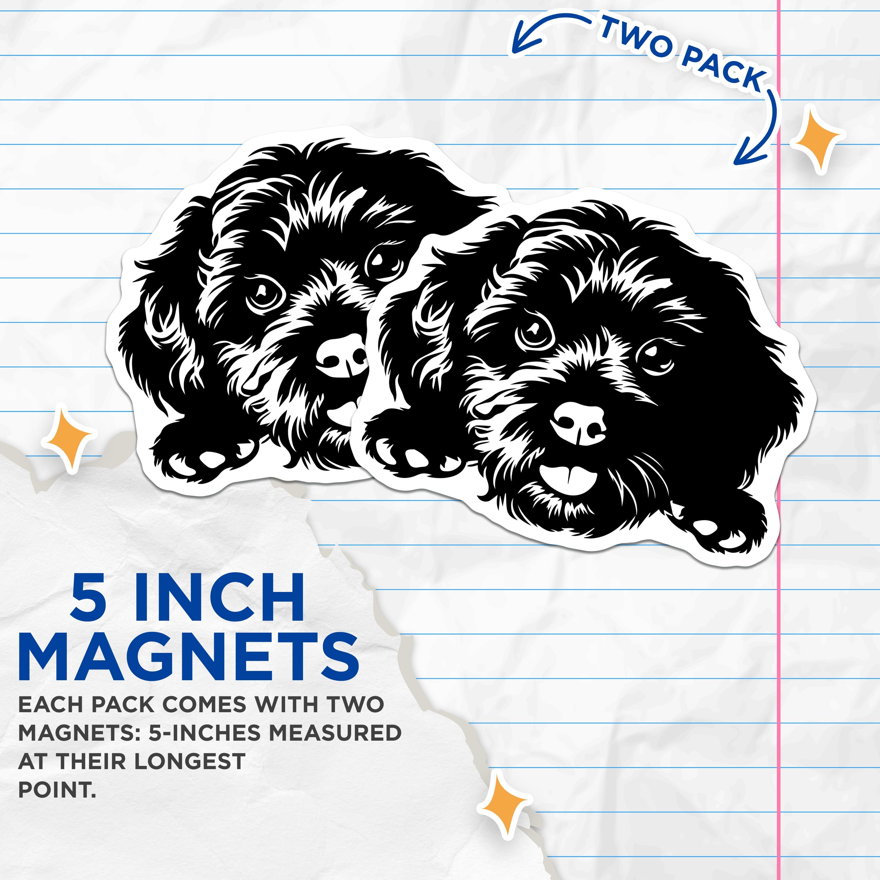 (2 Pack) Fluffy Dog Magnets - Cute Puppy Pet Art - Dog Lover Fridge Decor - Animal Themed Accessories for Dog Parents - 5 Inches On Longest Side - Thick Durable Magnet - Made in USA - MAG39091