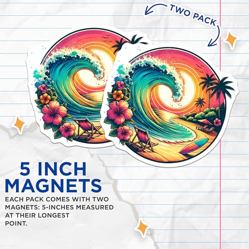 (2 Pack) Tropical Beach Scene Magnets - Ocean Wave Artwork - Sunset Paradise Magnets - 5" On Longest Side - for Cars, Fridges, Toolboxes - Made in USA - MAG7220