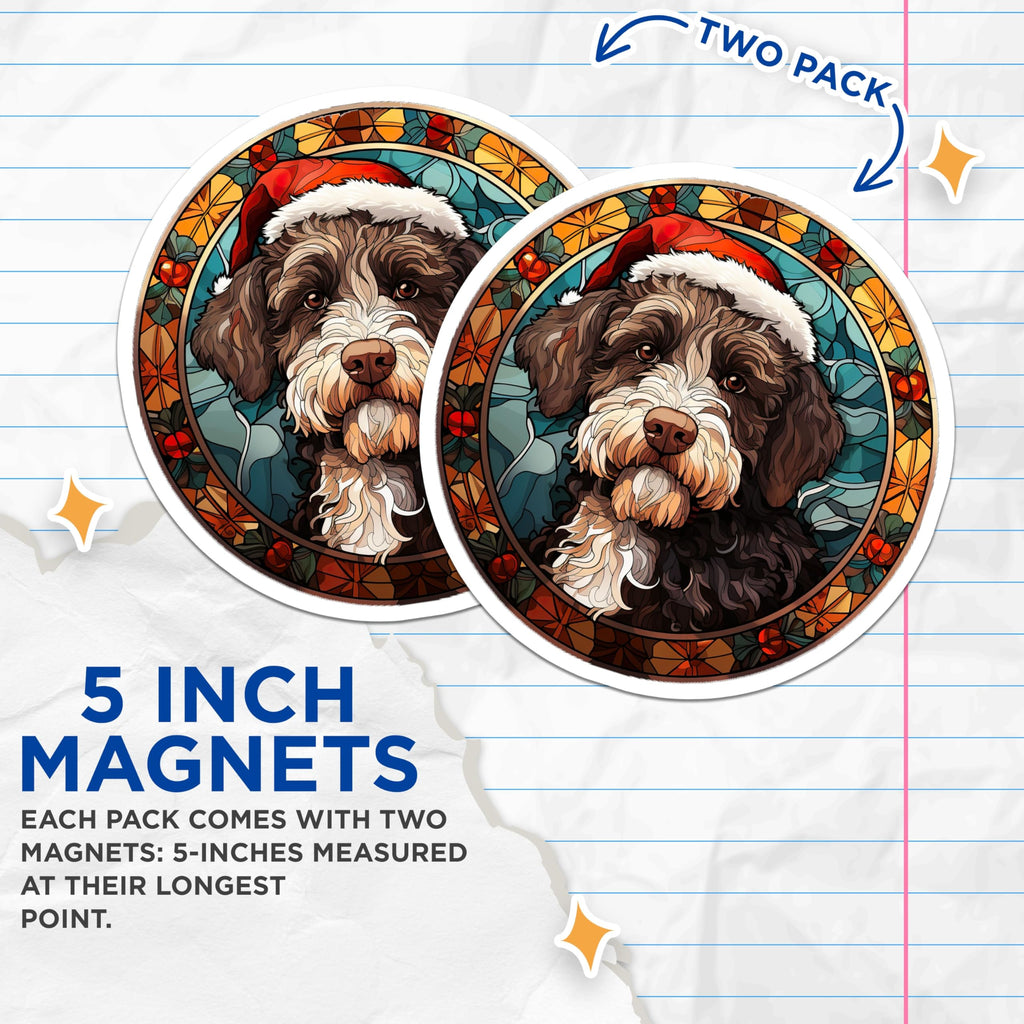 (2 Pack) Christmas Doodle Dog Magnets - Stained Glass Pet Art - Santa Hat Puppy Decor for Fridge or Locker - 5 Inches On Longest Side - Thick Durable Magnet - Made in USA - MAG28955