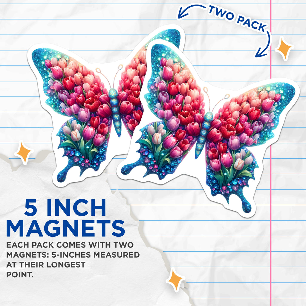 (2 Pack) Tulip Butterfly Magnets - Floral Spring Decor - Aesthetic Fridge Locker Office Art - 5 Inches On Longest Side - Thick Durable Magnet - Made in USA - MAG38596