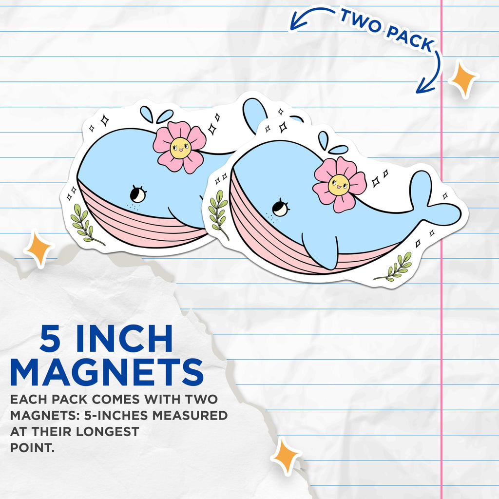 (2 Pack) Kawaii Whale Magnets - Floral Marine Life Art - Happy Ocean Animal Decor - 5 Inches On Longest Side - Thick Durable Magnet - Made in USA - MAG21844