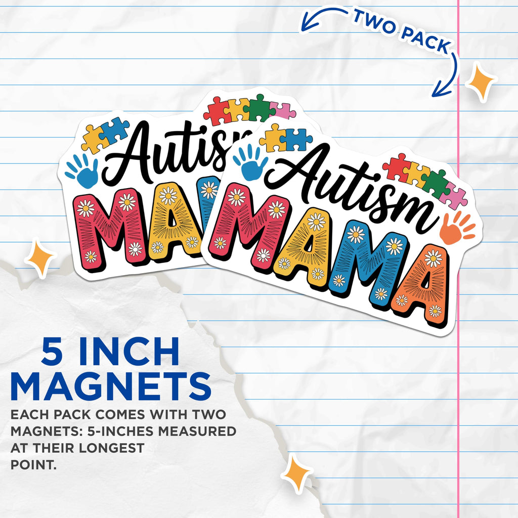 (2 Pack) Autism Mama Magnets - Neurodiversity Awareness Support Decor - Puzzle Pieces Handprints Daisy Flower Art - 5 Inches On Longest Side - Thick Durable Magnet - Made in USA - MAG23193