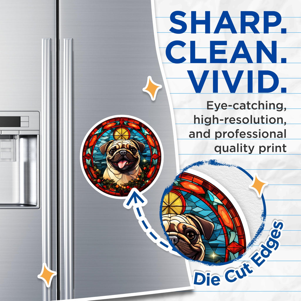 (2 Pack) Pug Stained Glass Magnets - Dog Lover Decor - Cute Animal Art - 5 Inches On Longest Side - Thick Durable Magnet - Made in USA - MAG25903