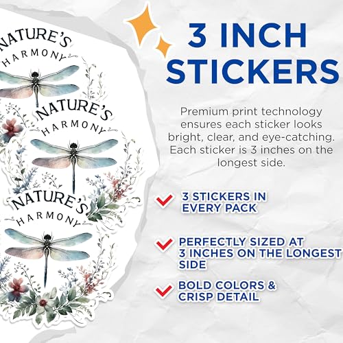 (3 Pack) Nature's Harmony Decals - Dragonfly Floral Art - Laptop Stickers - Journal Stickers - 3 Inches On Longest Side - Easy Peel & Apply - Made in USA - 3MCS1507
