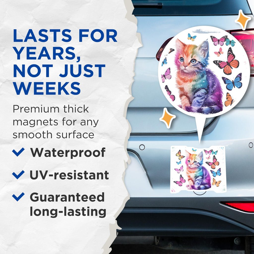 (2 Pack) Rainbow Kitten Magnets - Colorful Butterfly Decor - Whimsical Cat Fridge Art - Cute Animal Magnetic Accents - 5 Inches On Longest Side - Thick Durable Magnet - Made in USA - MAG20933