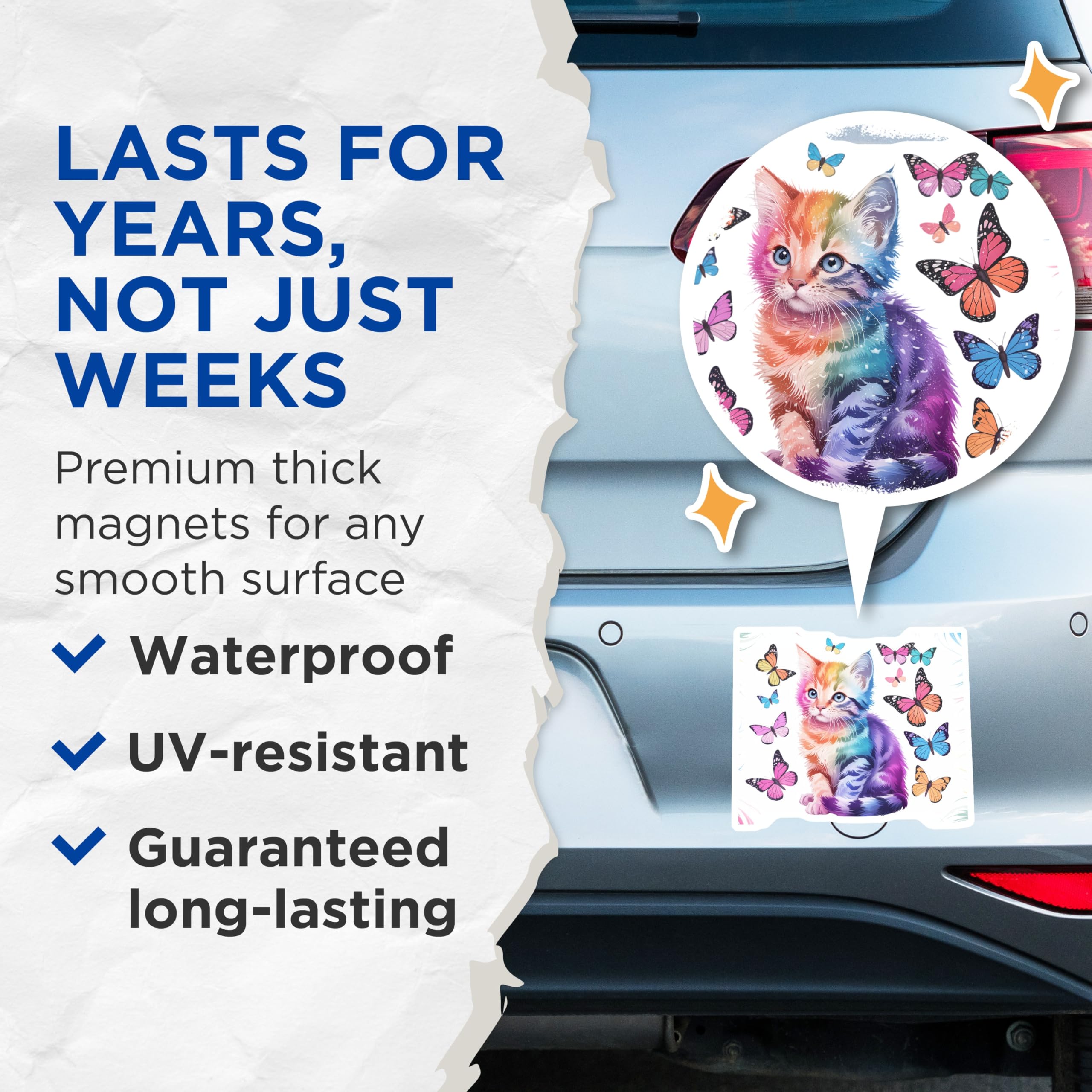 (2 Pack) Rainbow Kitten Magnets - Colorful Butterfly Decor - Whimsical Cat Fridge Art - Cute Animal Magnetic Accents - 5 Inches On Longest Side - Thick Durable Magnet - Made in USA - MAG20933