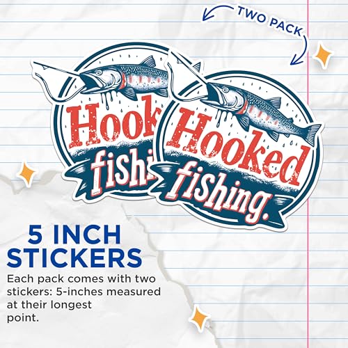 (2 Pack) Hooked Fishing Stickers - Angler Fishing Decal - Outdoor Fisherman Sticker - 5" On Longest Side - Sticks to Any Smooth Flat Surface - Made in USA - BMCS2626