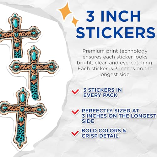 (3 Pack) Leopard Print Cross Decals - Turquoise Accent - Religious Inspired Sticker - 3 Inches On Longest Side - Easy Peel & Apply - Made in USA - 3MCS7503