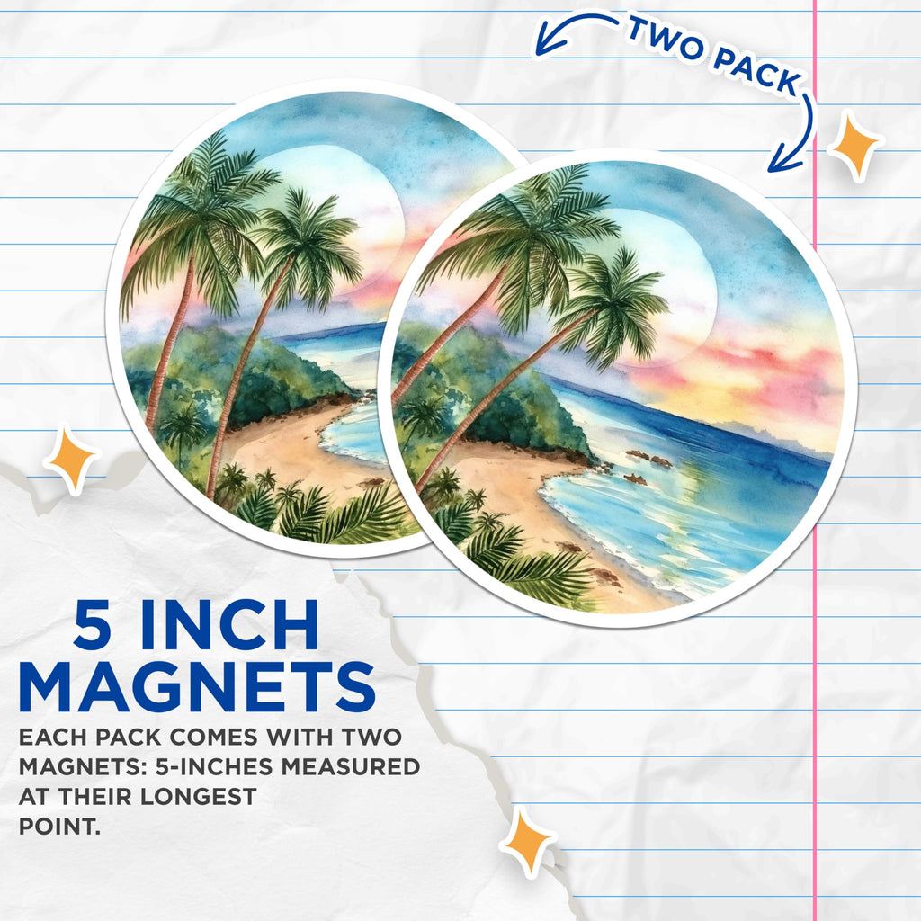 (2 Pack) Vibrant Watercolor Tropical Beach Magnets - Sunset Ocean Palm Tree Coastal Landscape - Serene Island Vacation Decor - 5 Inches On Longest Side - Thick Durable Magnet - Made in USA - MAG19969