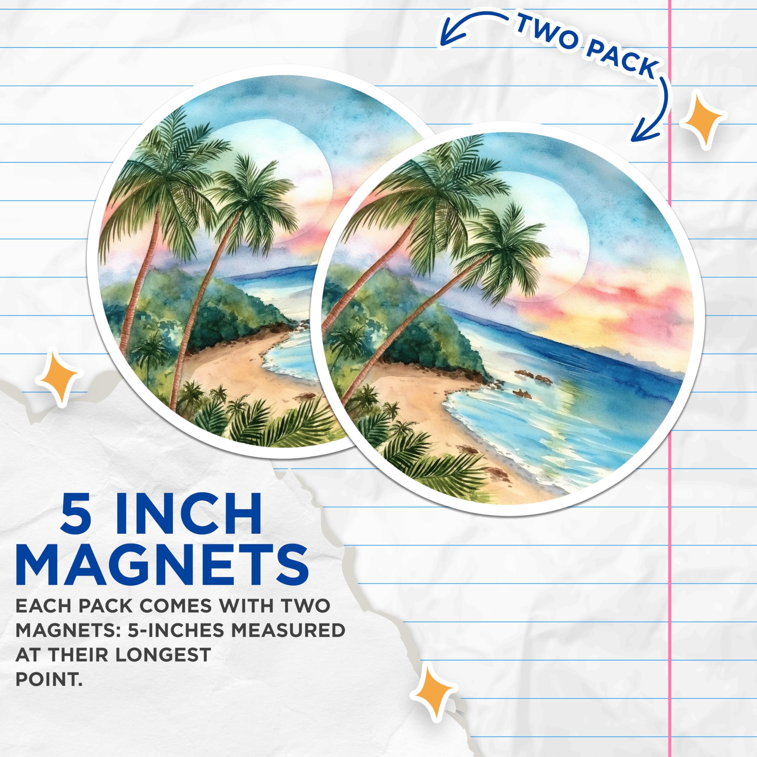 (2 Pack) Vibrant Watercolor Tropical Beach Magnets - Sunset Ocean Palm Tree Coastal Landscape - Serene Island Vacation Decor - 5 Inches On Longest Side - Thick Durable Magnet - Made in USA - MAG19969