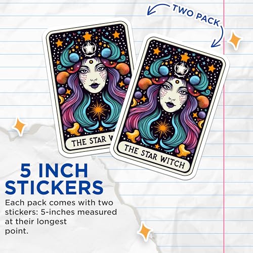 (2 Pack) The Star Witch Stickers - Tarot Card Stickers - Mystical Witch Stickers - 5" On Longest Side - Sticks to Smooth Flat Surfaces - Made in USA - BMCS5504