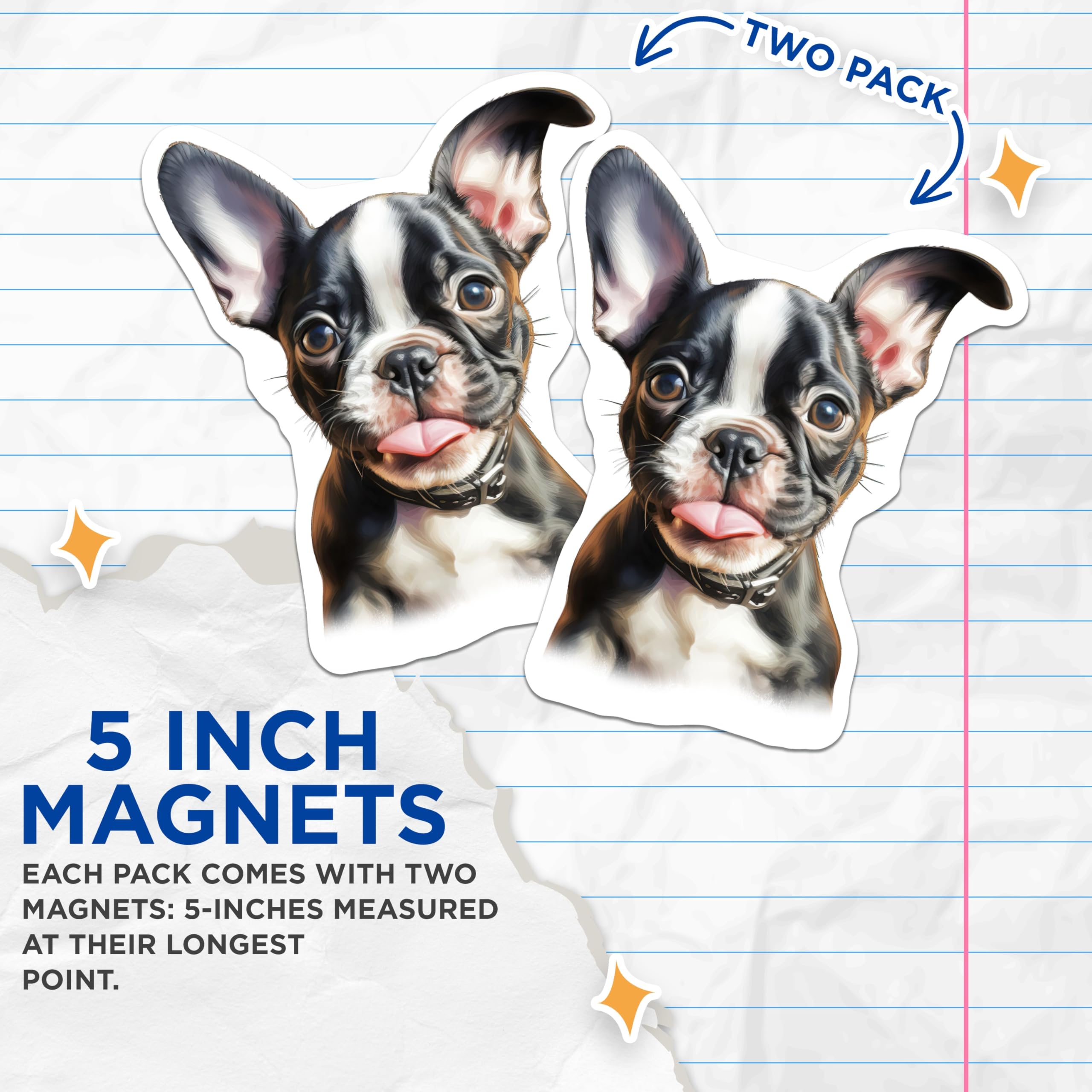 (2 Pack) Boston Terrier Puppy Magnets - Cute Dog Lover Home Accent - Pet Parent Refrigerator Decor - 5 Inches On Longest Side - Thick Durable Magnet - Made in USA - MAG26345