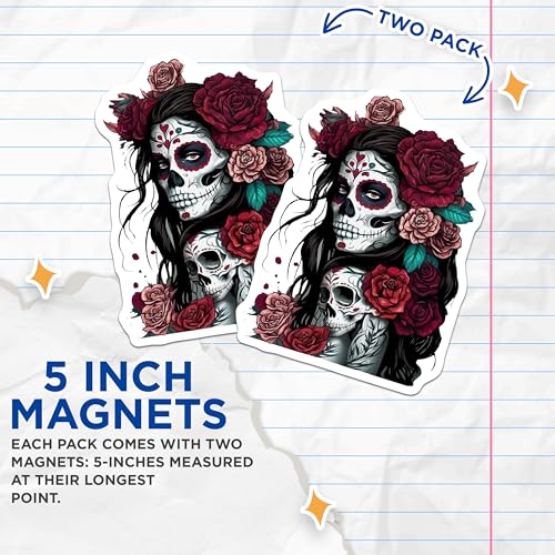 (2 Pack) Sugar Skull Magnets Magnets - Day of The Dead - 5" On Longest Side - Made in USA - Sticks to Refrigerators & Metal Surfaces - MAG9205