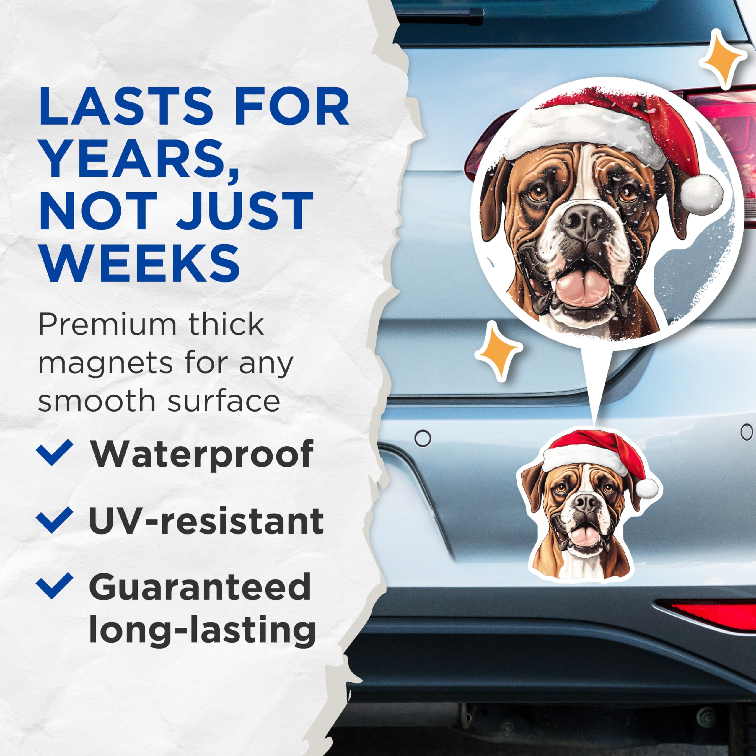 (2 Pack) Festive Boxer Dog Magnets - Christmas Pet Fridge Decoration - Santa Hat Canine Art for Animal Lovers - 5 Inches On Longest Side - Thick Durable Magnet - Made in USA - MAG24554
