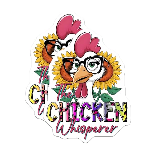 (2 Pack) Chicken Whisperer Stickers - Funny Chicken Artwork - Sunflower Chicken Illustration - 5" On Longest Side - Sticks to Smooth Flat Surfaces - Made in USA - BMCS9725