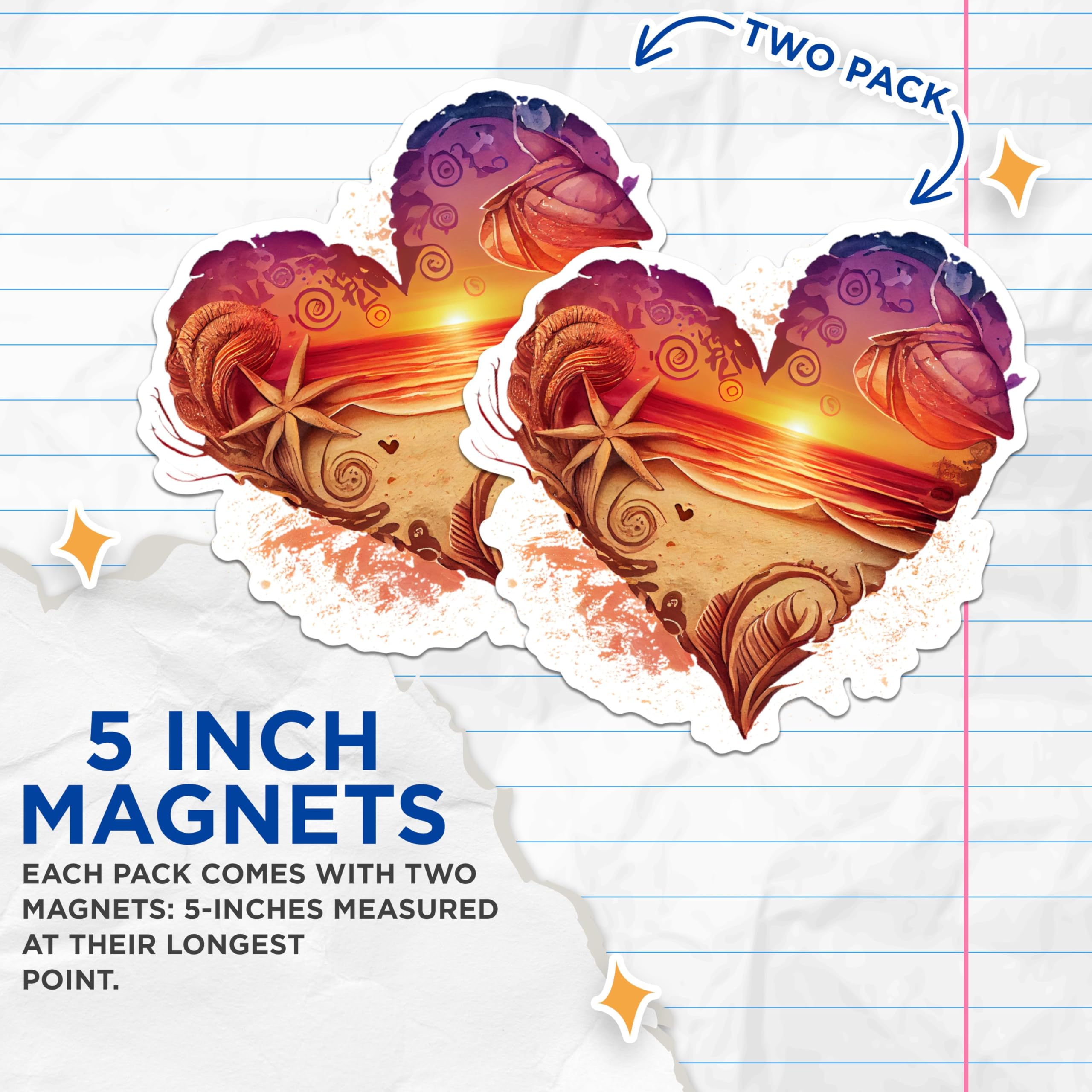 (2 Pack) Beach Sunset Heart Magnets - Coastal Shells Magnets - Starfish Ocean Decor Magnets- 5" On Longest Side - for Fridges, Toolboxes, Cars - Made in USA - MAG2856