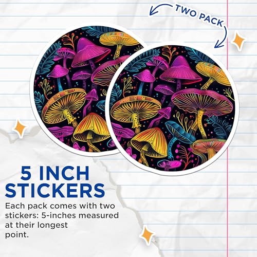 (2 Pack) Neon Mushroom Stickers - Trippy Art - Colorful Psychedelic Forest - 5" On Longest Side - Sticks to Smooth Flat Surfaces - Made in USA - BMCS6633