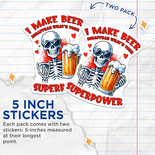 (2 Pack) Skeleton Beer Stickers - Funny Beer Humor - Skull Drinking Stickers - 5" On Longest Side - Sticks to Smooth Flat Surfaces - Made in USA - BMCS9770
