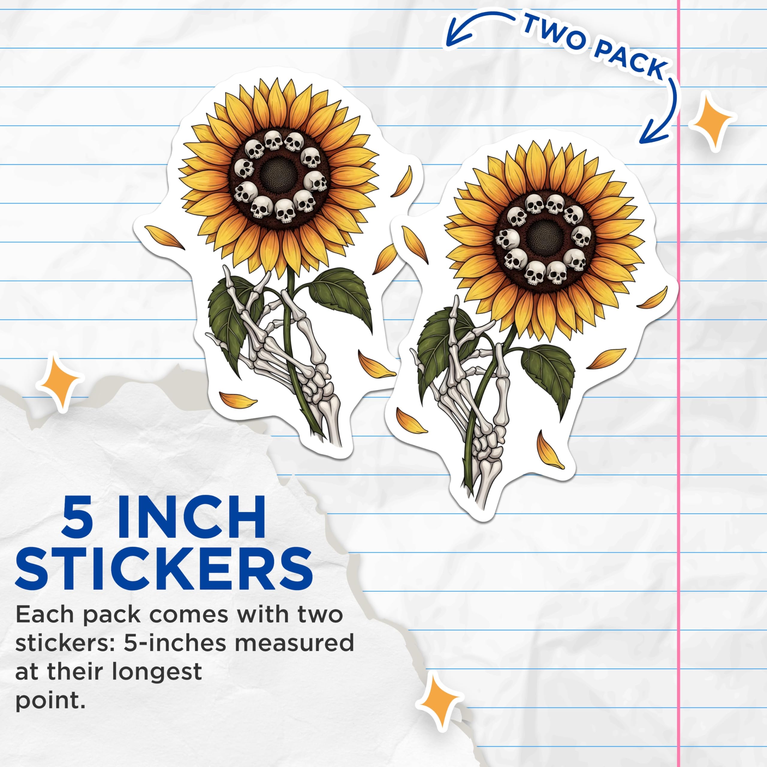 (2 Pack) Sunflower Skull Stickers - Gothic Flower Stickers - Skeleton Hand Stickers - 5" On Longest Side - Sticks to Smooth Flat Surfaces - Made in USA - BMCS17808