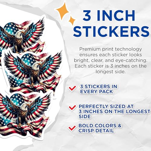 (3 Pack) American Eagle Decals - Patriotic USA Flag - Laptop Bumper Sticker - 3 Inches On Longest Side - Easy Peel & Apply - Made in USA - 3MCS0259