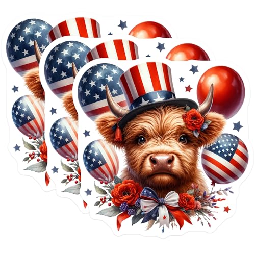 (3 Pack) Patriotic Cow Decals - American Flag - July Fourth Decor- 3 Inches On Longest Side - Easy Peel & Apply - Made in USA - 3MCS5136