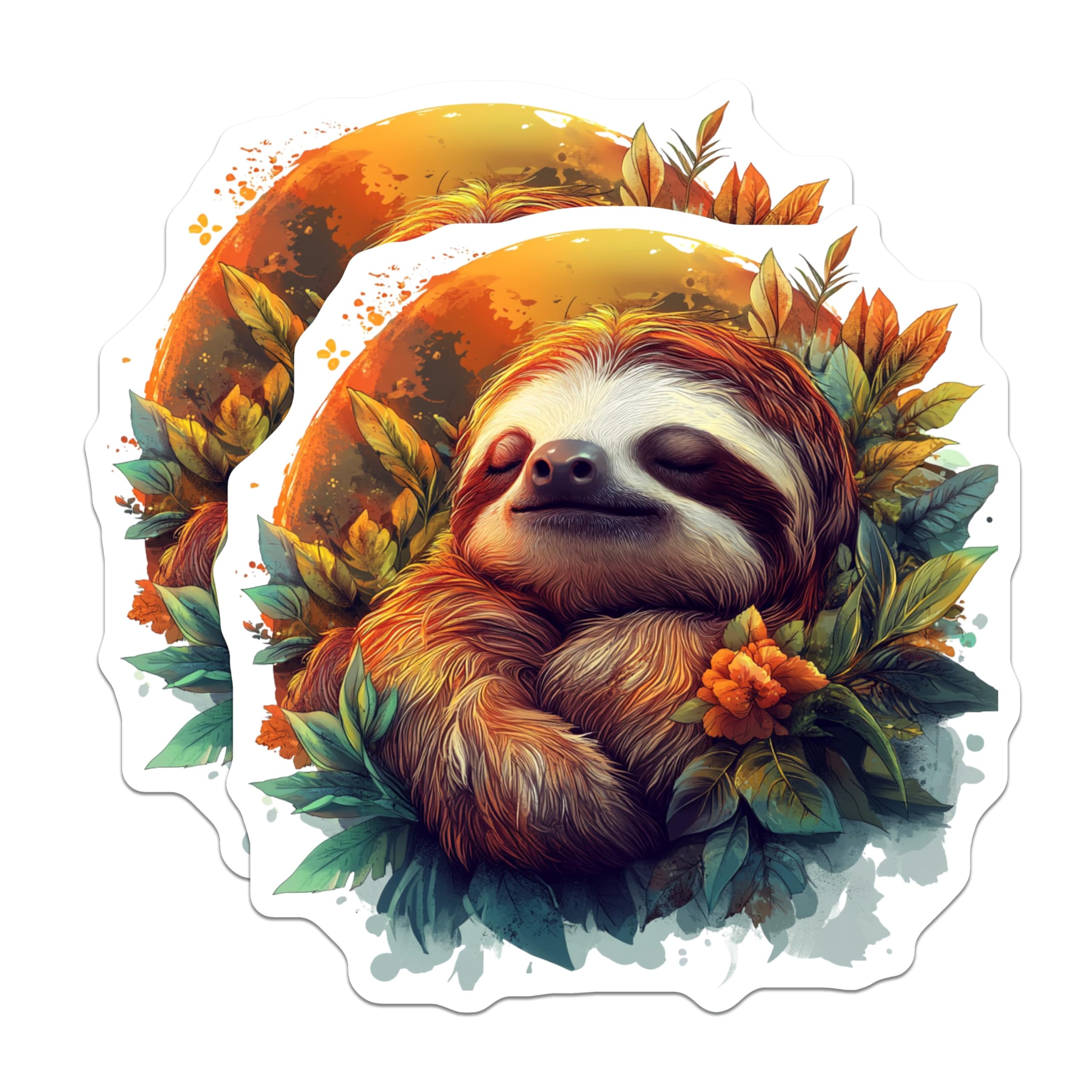 (2 Pack) Adorable Tranquil Sleeping Sloth Magnets - Vibrant Tropical Leaves Design - Whimsical Nature Forest Critter Art - 5 Inches On Longest Side - Thick Durable Magnet - Made in USA - MAG24662