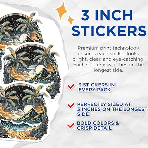 (3 Pack) Tropical Beach Decals - Palm Tree Sticker - Coastal Art Decals - 3 Inches On Longest Side - Easy Peel & Apply - Made in USA - 3MCS8020