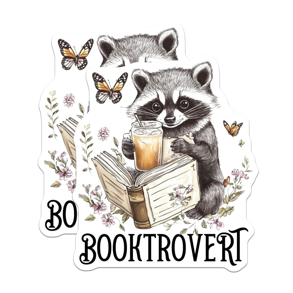 (2 Pack) Booktrovert Raccoon Stickers - Cute Reading Animal - Book Lover Decor - 5" On Longest Side - Sticks to Smooth Flat Surfaces - Made in USA - BMCS6217