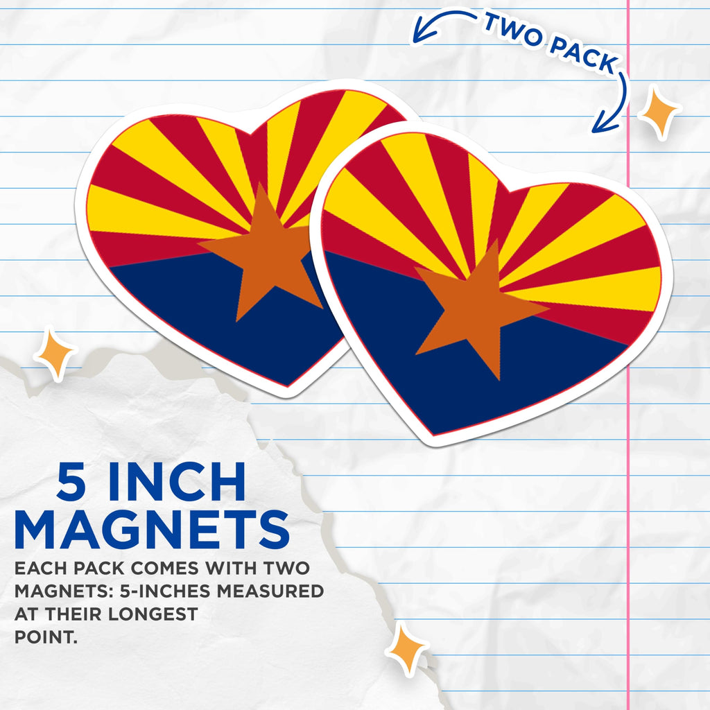 (2 Pack) Arizona Flag Magnets - Heart Shaped AZ State - Fridge Home Locker Decor - 5" On Longest Side - Premium Magnet - for Cars, Refrigerators, Toolboxes, Lockers - Made in USA - MAG17171