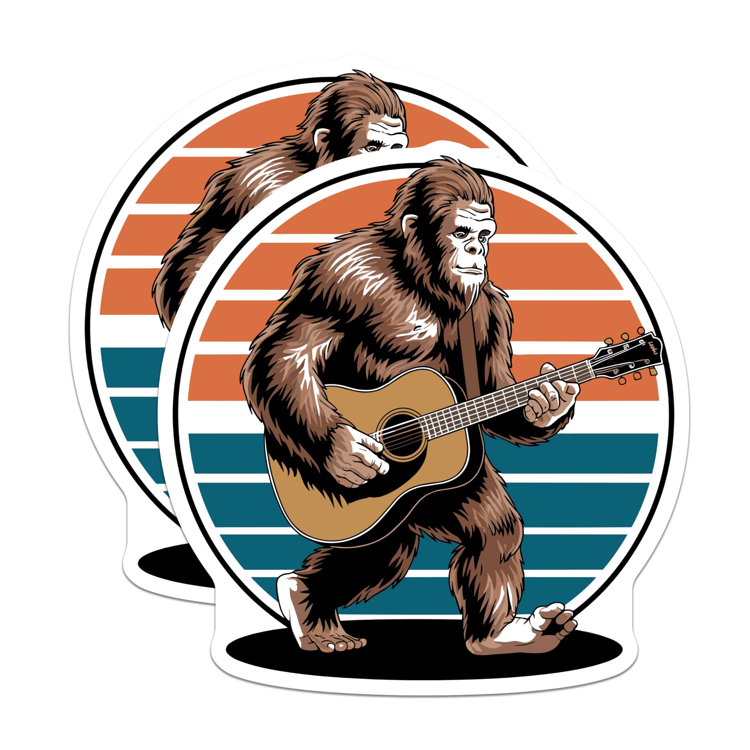 (2 Pack) Bigfoot Guitar Magnets - Sasquatch Music Lover - Retro Sunset Design - 5 Inches On Longest Side - Thick Durable Magnet - Made in USA - MAG22113