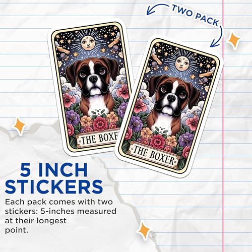 (2 Pack) Boxer Dog Tarot Stickers - Dog Lover Stickers - Mystical Dog Art Stickers - 5" On Longest Side - Sticks to Smooth Flat Surfaces - Made in USA - BMCS4786