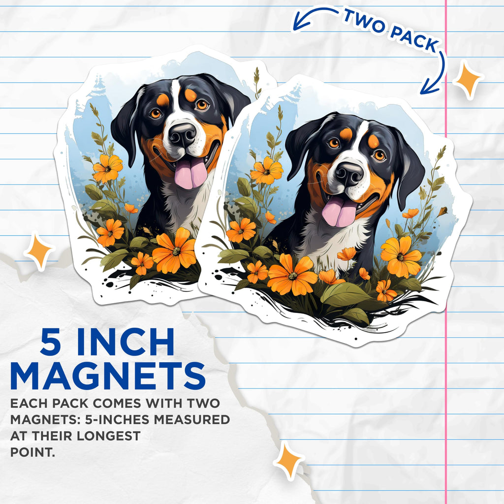 (2 Pack) Bernese Mountain Dog Magnets - Happy Smiling Dog Lover - Floral Pet Portrait Fridge Decor - 5 Inches On Longest Side - Thick Durable Magnet - Made in USA - MAG29193