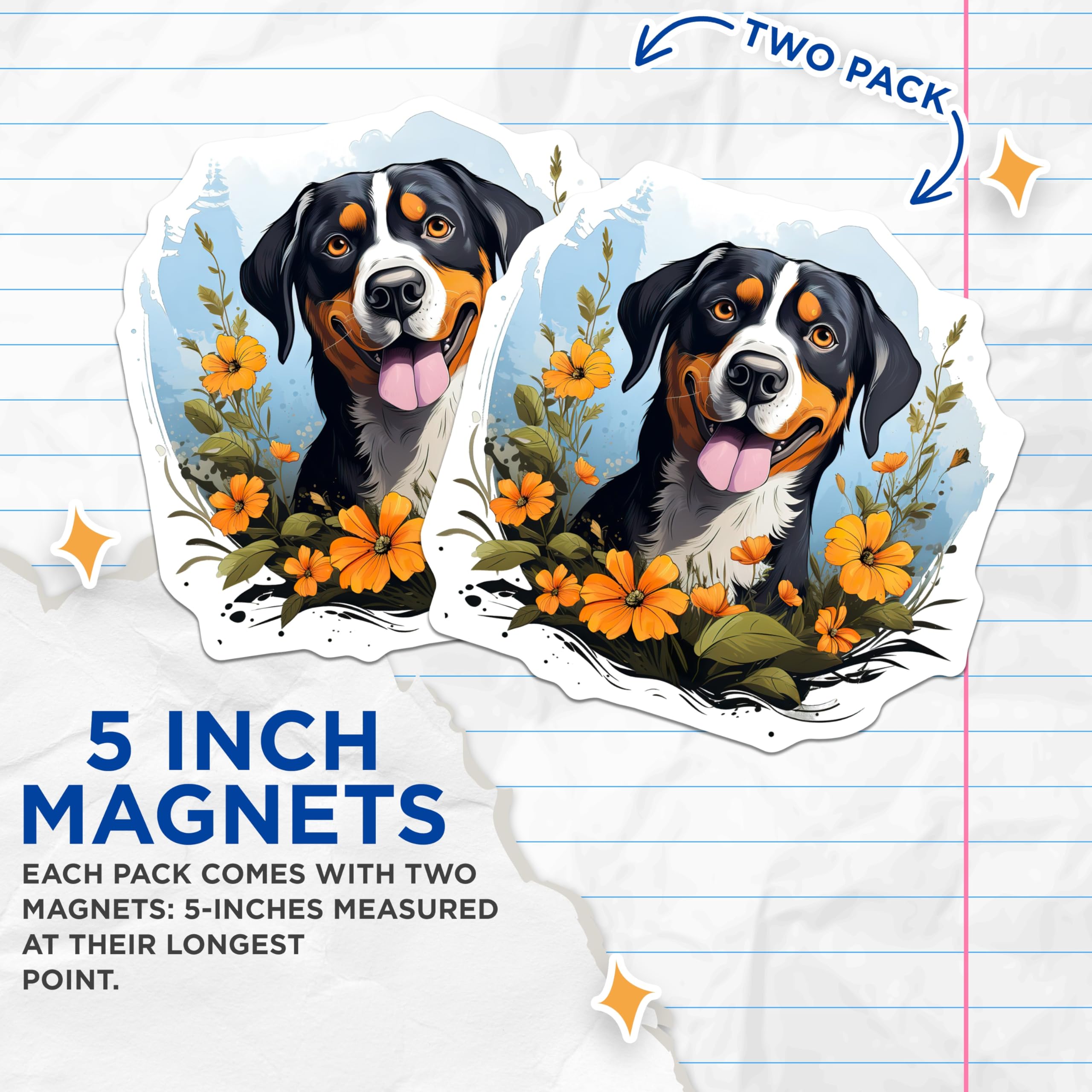 (2 Pack) Bernese Mountain Dog Magnets - Happy Smiling Dog Lover - Floral Pet Portrait Fridge Decor - 5 Inches On Longest Side - Thick Durable Magnet - Made in USA - MAG29193