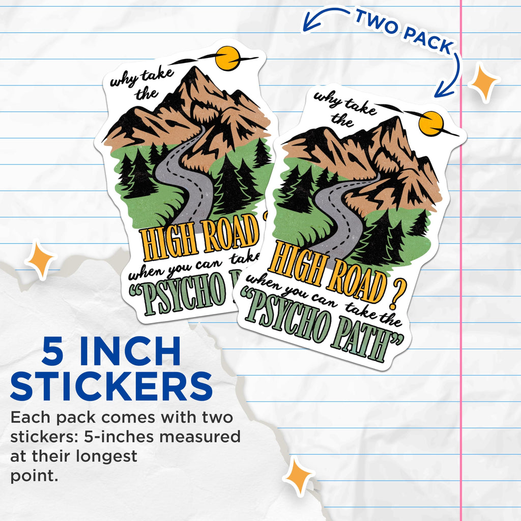 (2 Pack) Psycho Path Stickers - Funny Road Trip - Mountain View Stickers- 5" On Longest Side - Sticks to Smooth Flat Surfaces - Made in USA - BMCS16329
