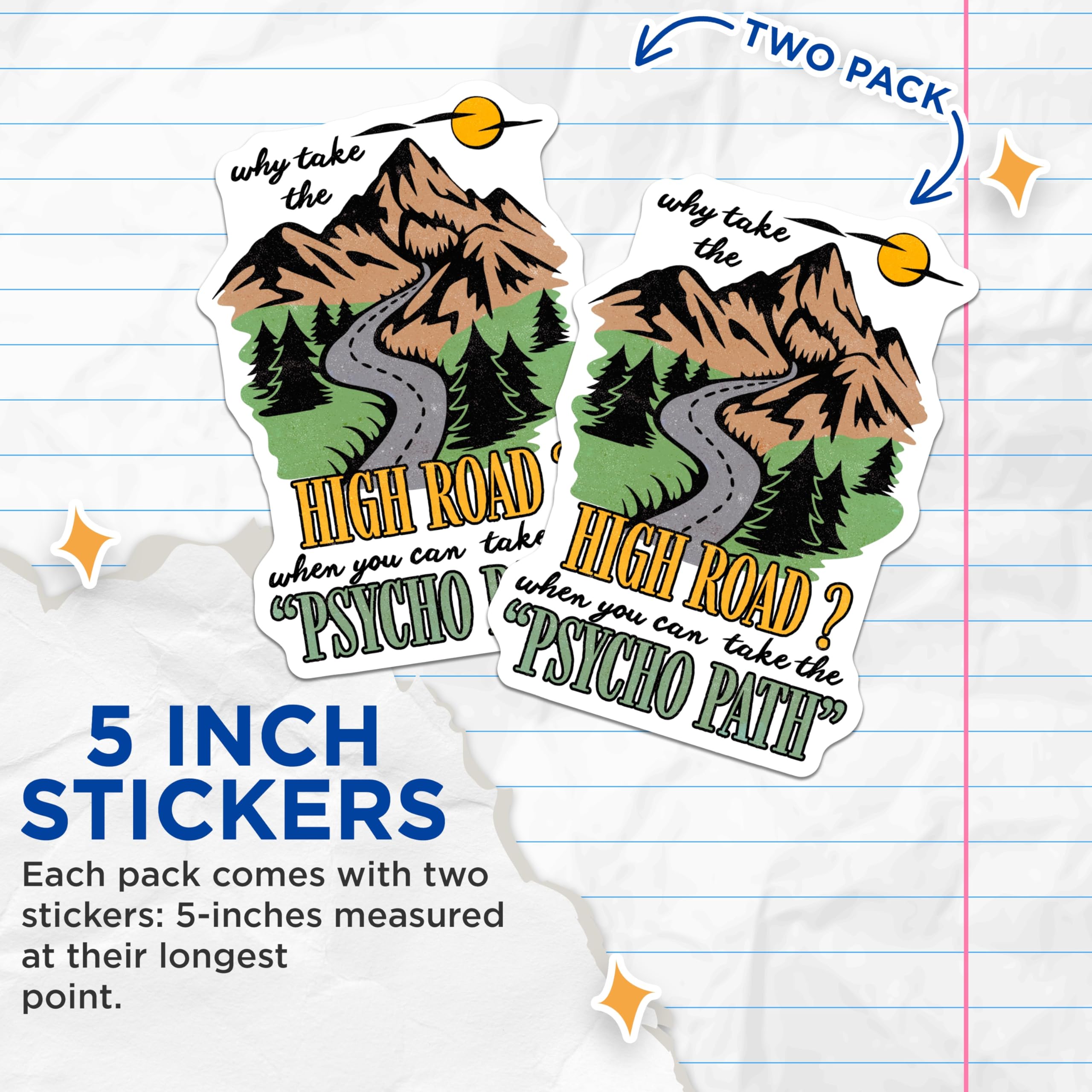 (2 Pack) Psycho Path Stickers - Funny Road Trip - Mountain View Stickers- 5" On Longest Side - Sticks to Smooth Flat Surfaces - Made in USA - BMCS16329