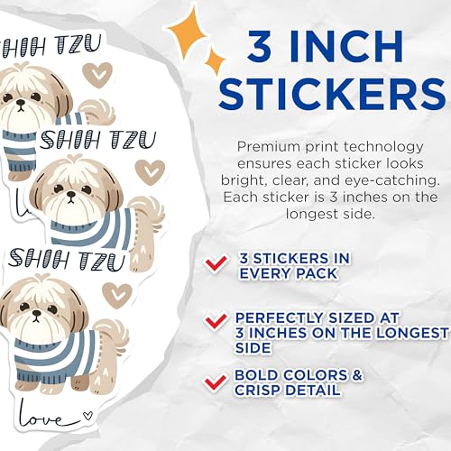 (3 Pack) Shih Tzu Decals - Dog Breed Stickers - Cute Puppy Decal - 3 Inches On Longest Side - Easy Peel & Apply - Made in USA - 3MCS6073