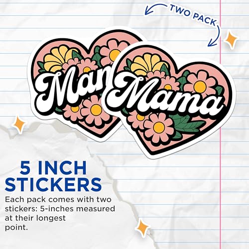 (2 Pack) Mama Stickers - Floral Heart Stickers - Mother Day Stickers for Mom - 5" On Longest Side - Sticks to Smooth Flat Surfaces - Made in USA - BMCS3907