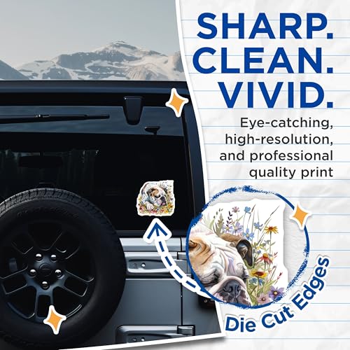 (2 Pack) Bulldog Sleeping in Flowers Stickers - Cute Bulldog Art - Dog Lover Decal - Floral Dog Design - 5" On Longest Side - Sticks to Smooth Flat Surfaces - Made in USA - BMCS7222