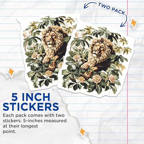 (2 Pack) Jungle Lion Stickers - Safari Animal Stickers - Wild Nature Stickers - 5" On Longest Side - Sticks to Smooth Flat Surfaces - Made in USA - BMCS5109