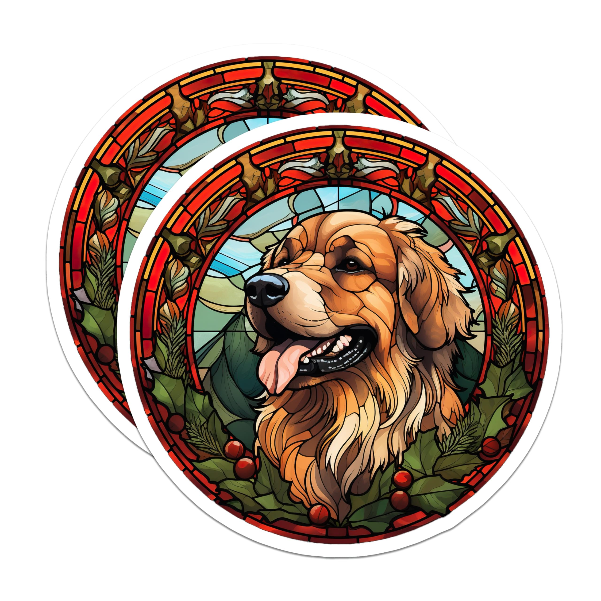 (2 Pack) Golden Retriever Magnets - Stained Glass Dog Art - Holiday Holly Decor - 5 Inches On Longest Side - Thick Durable Magnet - Made in USA - MAG24311