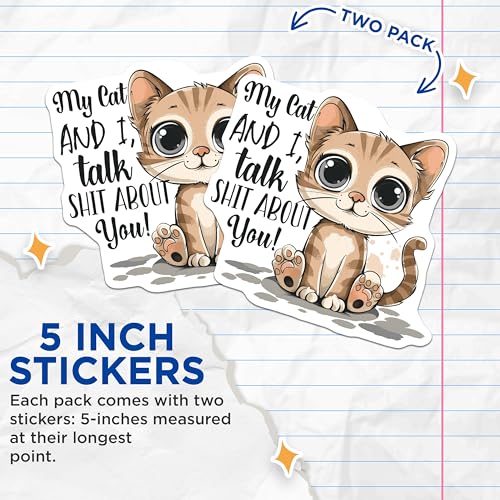 (2 Pack) Funny Cat Stickers - Pet Lover Decals - Cute Cat Quotes for Laptops and Water Bottles - 5" On Longest Side - Sticks to Smooth Flat Surfaces - Made in USA - BMCS4336