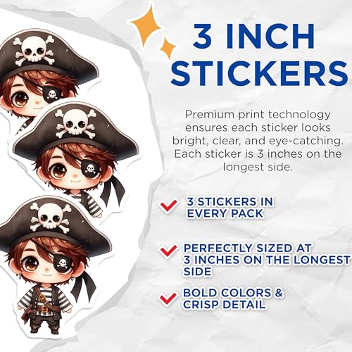 (3 Pack) Pirate Decals - Cartoon Pirate Decal - Laptop Decals- 3 Inches On Longest Side - Easy Peel & Apply - Made in USA - 3MCS5553