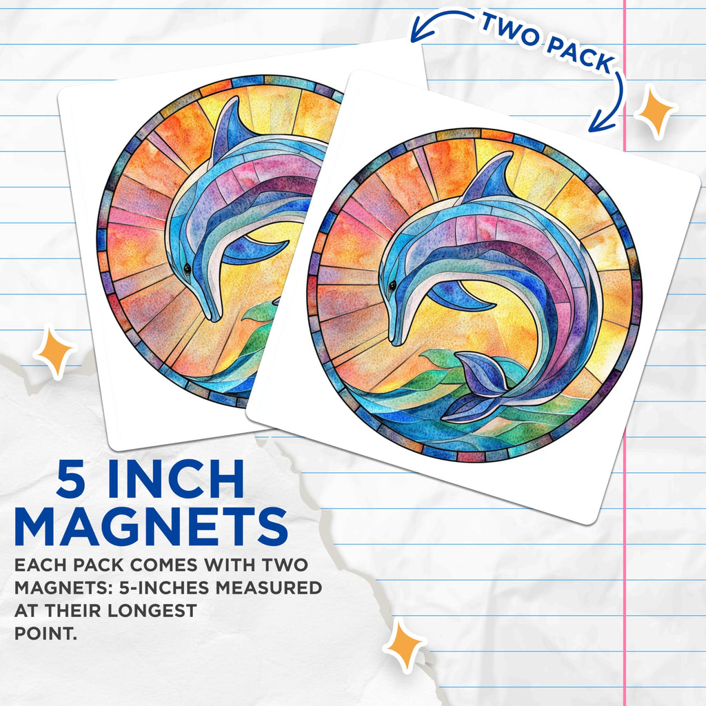 (2 Pack) Stained Glass Dolphin Magnets - Ocean Life Decor - Marine Animal Artwork - 5 Inches On Longest Side - Thick Durable Magnet - Made in USA - MAG26021