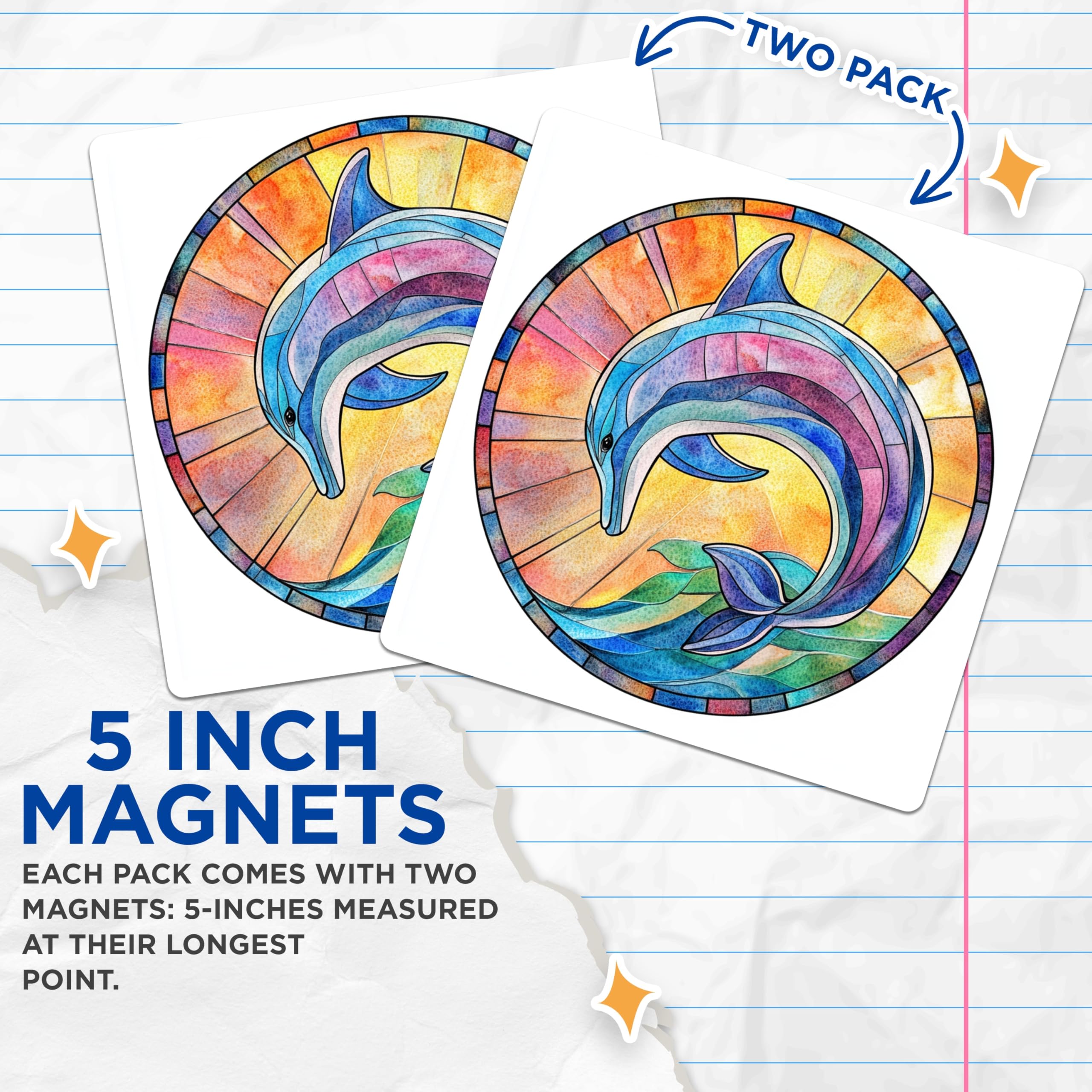 (2 Pack) Stained Glass Dolphin Magnets - Ocean Life Decor - Marine Animal Artwork - 5 Inches On Longest Side - Thick Durable Magnet - Made in USA - MAG26021