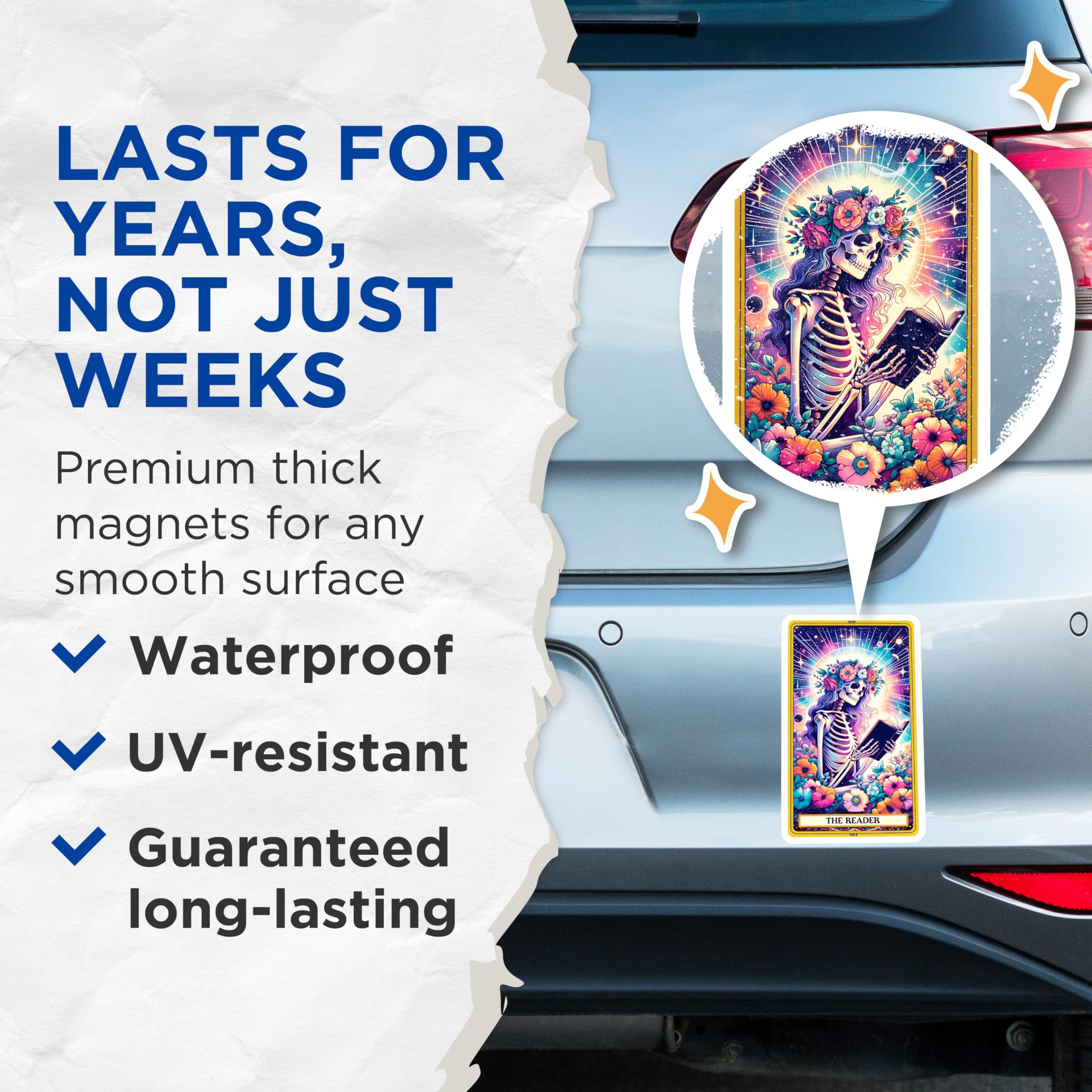 (2 Pack) The Reader Tarot Card Magnets - Skeleton Reading Book Art - Cosmic Floral Aesthetic Decor - 5 Inches On Longest Side - Thick Durable Magnet - Made in USA - MAG22250