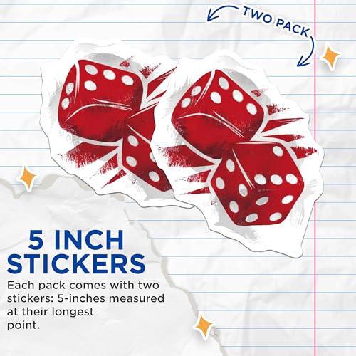 (2 Pack) Vibrant Red Dice Stickers - Gaming Accessories - Fun Decor for Gamers - 5" On Longest Side - Sticks to Smooth Flat Surfaces - Made in USA - BMCS6640