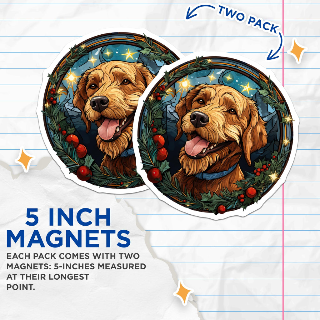 (2 Pack) Golden Retriever Christmas Magnets - Stained Glass Dog Art - Holiday Pet Decor - 5 Inches On Longest Side - Thick Durable Magnet - Made in USA - MAG26777
