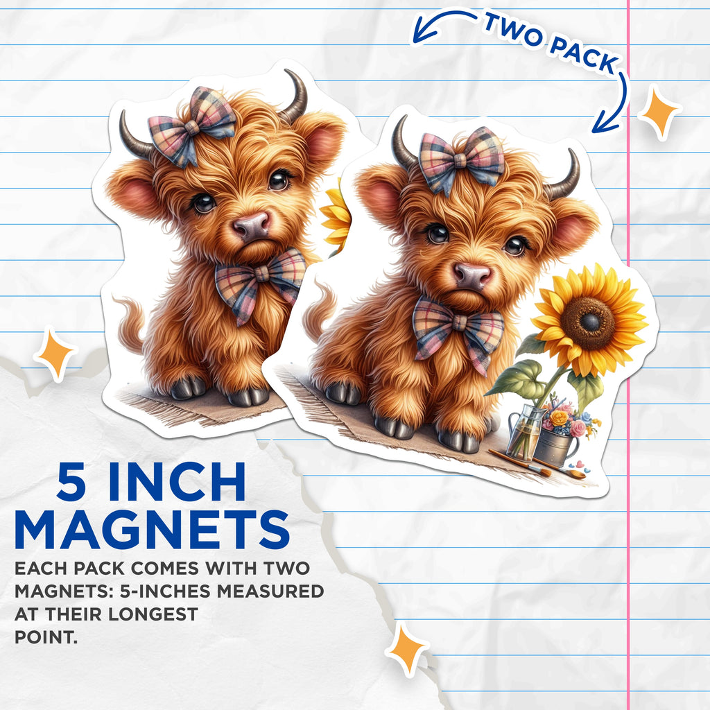 (2 Pack) Cute Highland Cow Magnets - Baby Cow Decor - Sunflower Farmhouse Kitchen - Rustic Refrigerator Animal Lover - 5 Inches On Longest Side - Thick Durable Magnet - Made in USA - MAG36607