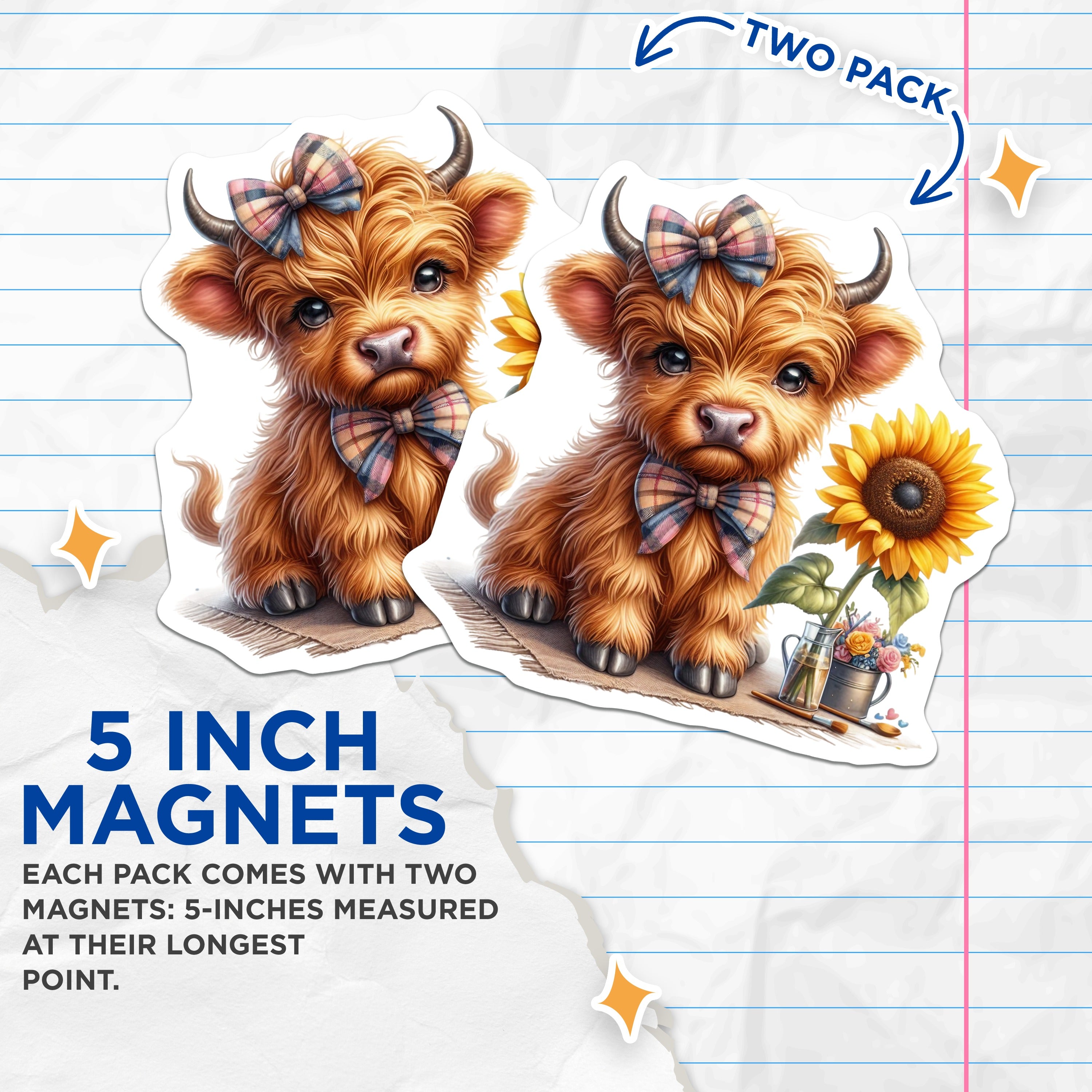 (2 Pack) Cute Highland Cow Magnets - Baby Cow Decor - Sunflower Farmhouse Kitchen - Rustic Refrigerator Animal Lover - 5 Inches On Longest Side - Thick Durable Magnet - Made in USA - MAG36607