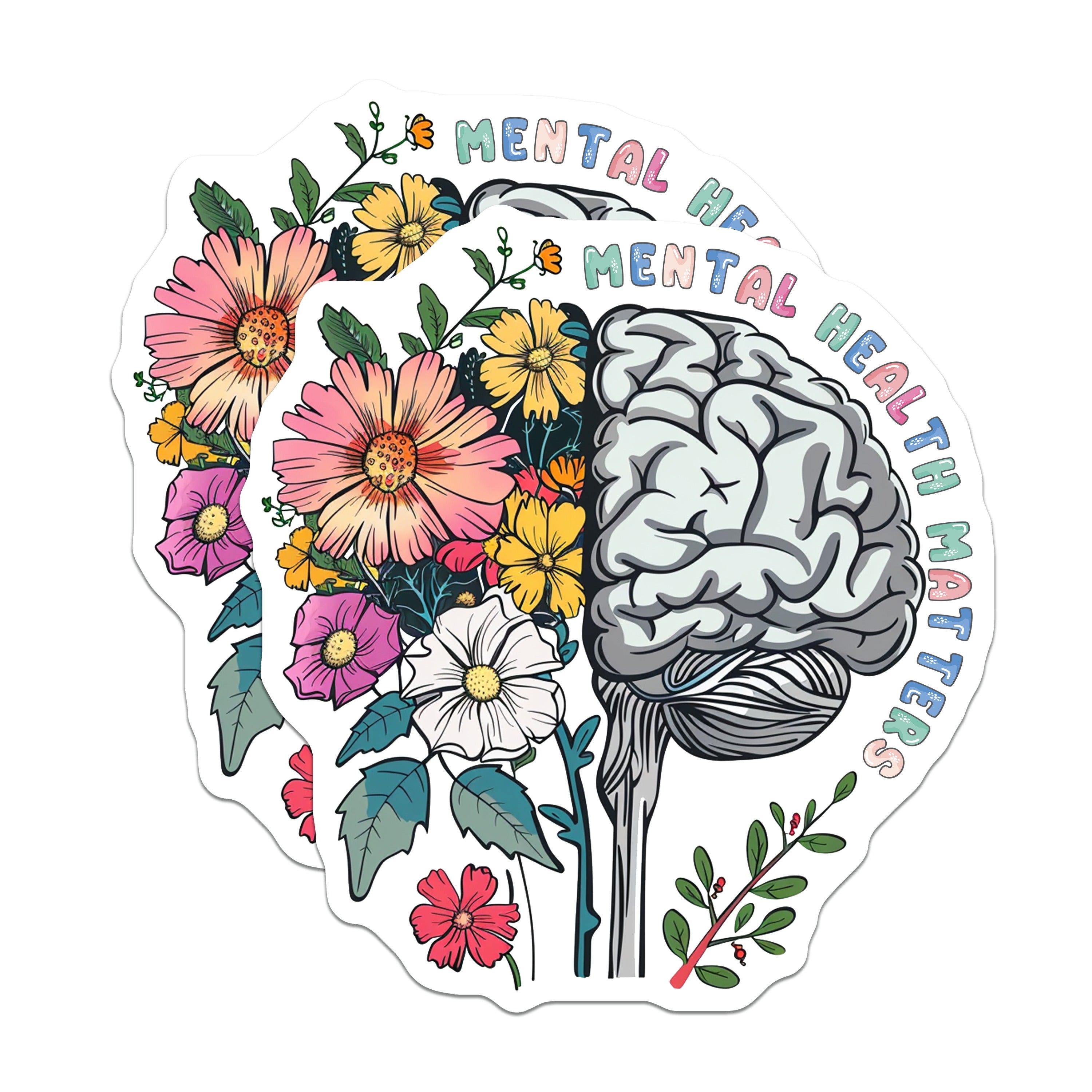 (2 Pack) Mental Health Matters Magnets - Floral Brain Art - Self Care Awareness Decor - 5 Inches On Longest Side - Thick Durable Magnet - Made in USA - MAG36899
